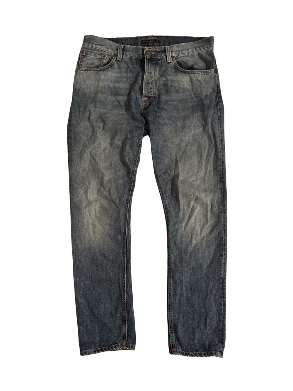 Nudie “Grim Tim” Straight-Leg Washed Blue Jeans